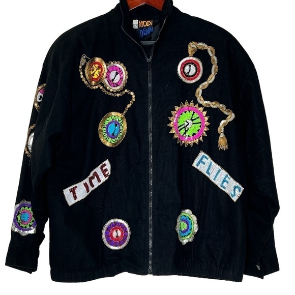 VINTAGE MODI DENIM Black Sequined Time Flies Jacket Coat Women's M 8-10 - Picture 3 of 17